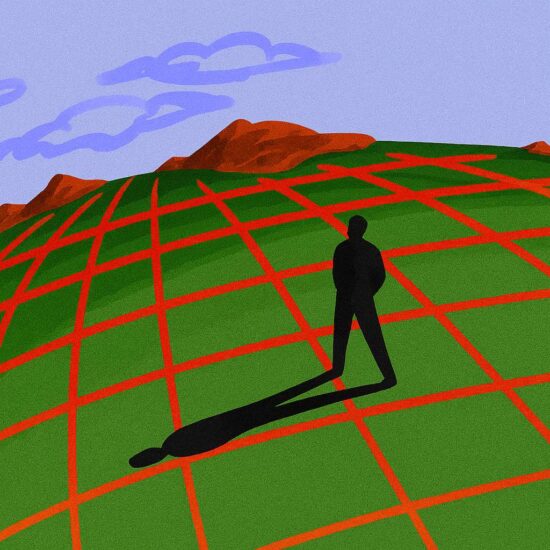 Mann steht auf Feld mit Gitterlinien
